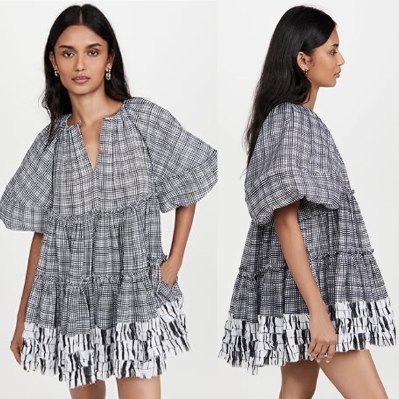 AJE Memento Puff Sleeve Plaid Check Voile Mini Dress in Gray Multi Sz 4 US - Picture 10 of 10